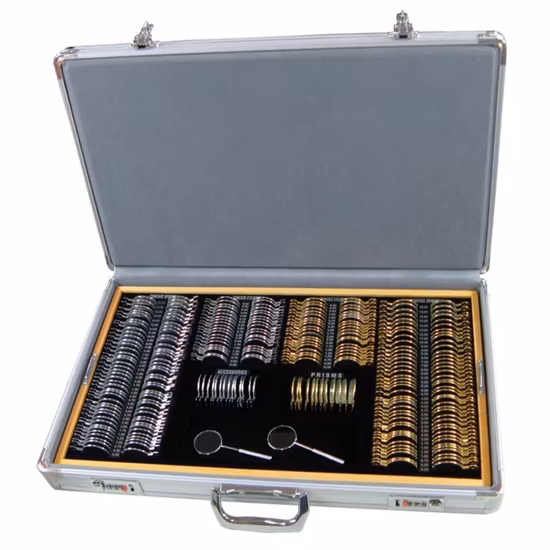 Conjunto de lentes de teste óptico para equipamentos oftálmicos com borda de metal colorida